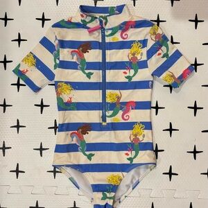 Mini Boden Girls Blue and White Striped Mermaid One-Piece Swimsuit